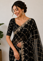 Black Fande Organza Saree with Allover Handwork Katdana & Sequence Work