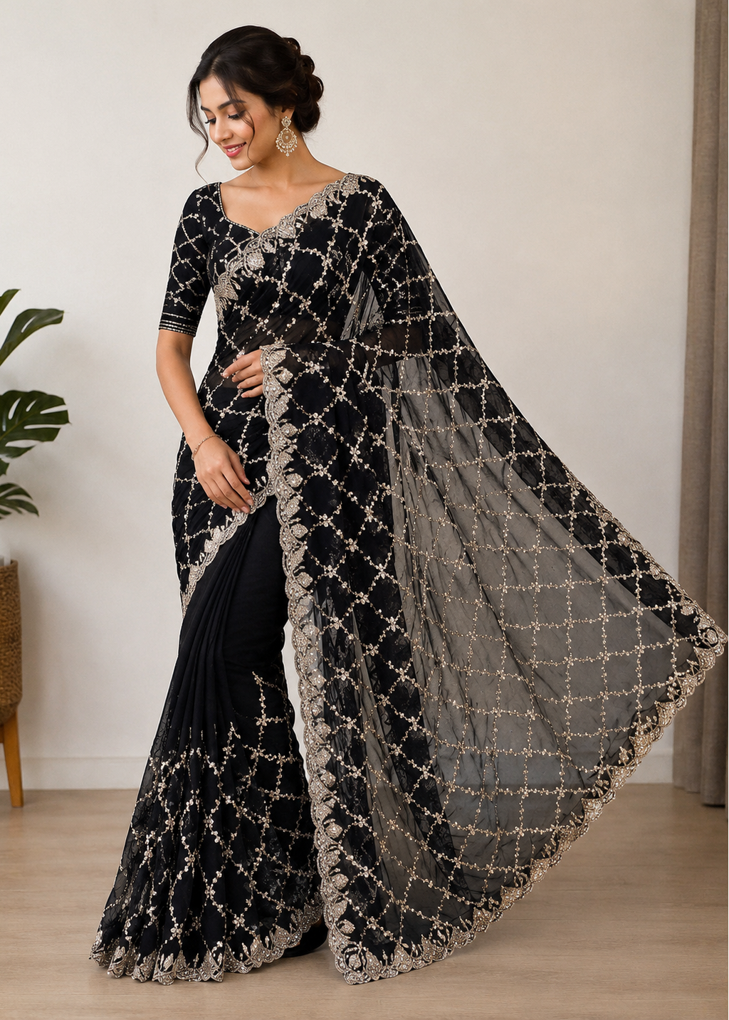 Black Fande Organza Saree with Allover Handwork Katdana & Sequence Work