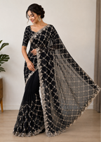 Black Fande Organza Saree with Allover Handwork Katdana & Sequence Work
