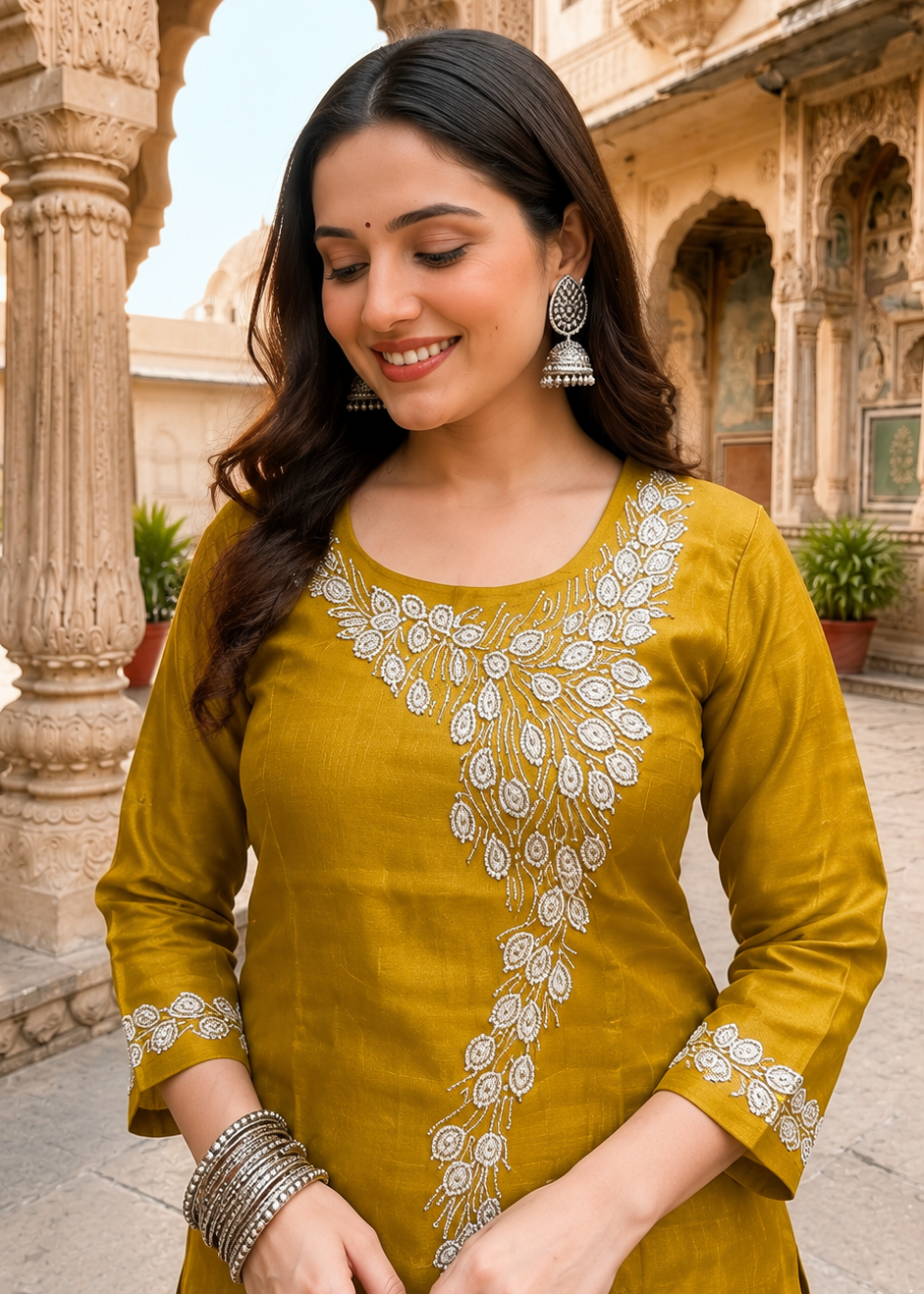 Yellow Crush Tissue Co-ord Set with Hand Work