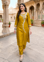 Yellow Crush Tissue Co-ord Set with Hand Work
