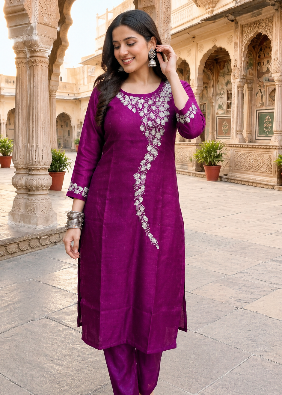 Purple Crush Tissue Co-ord Set with Hand Work