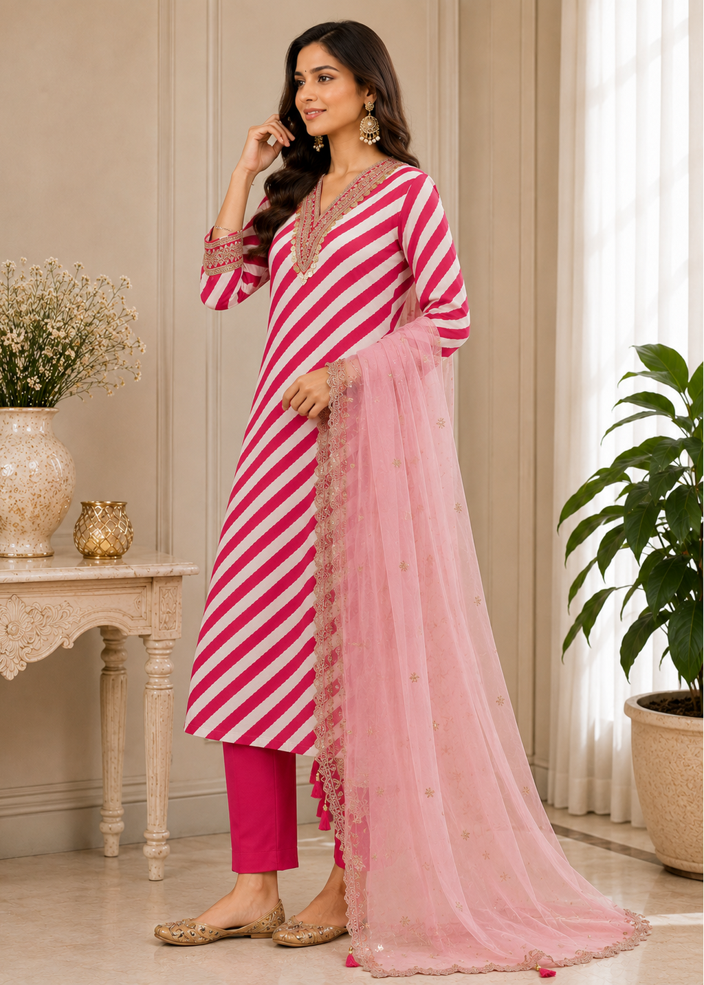 Pink Leheriya Silk Blend Kurta Set with Embroidered Neck & Organza Dupatta