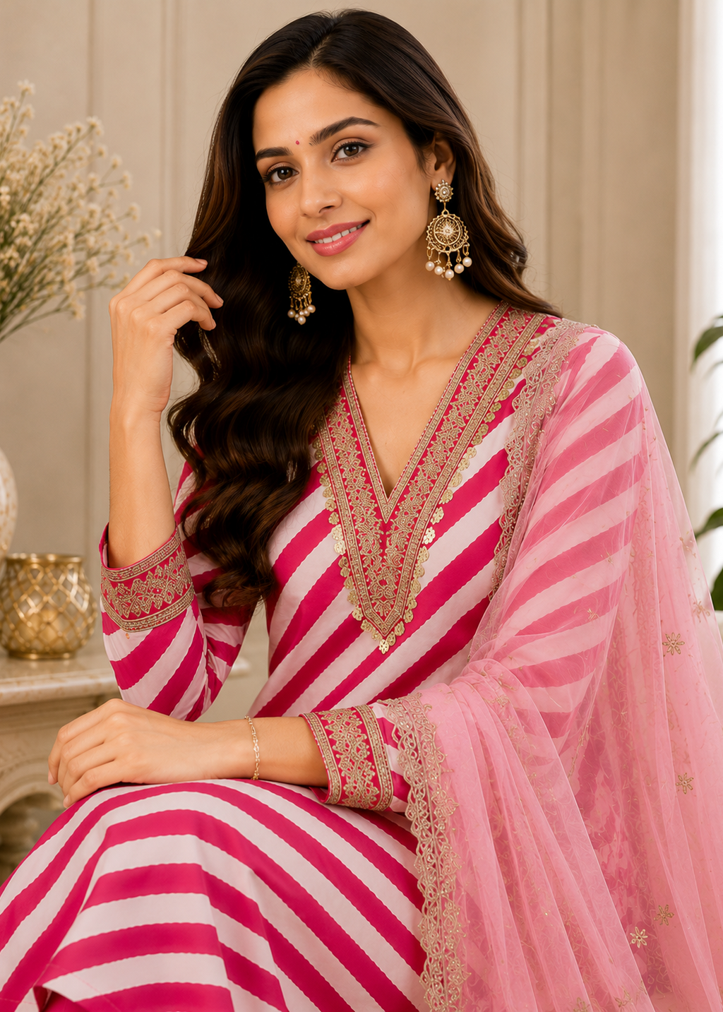 Pink Leheriya Silk Blend Kurta Set with Embroidered Neck & Organza Dupatta