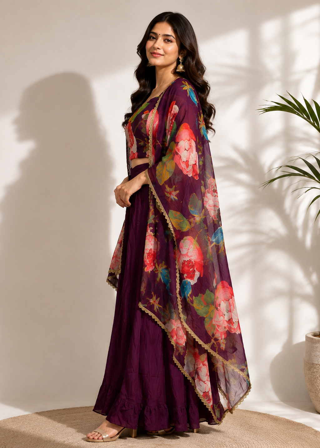 Purple Floral Chiffon Printed Kaftan Co-Ord Set with Crop Top & Dhoti Pattern Skirt