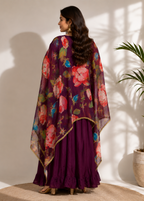 Purple Floral Chiffon Printed Kaftan Co-Ord Set with Crop Top & Dhoti Pattern Skirt