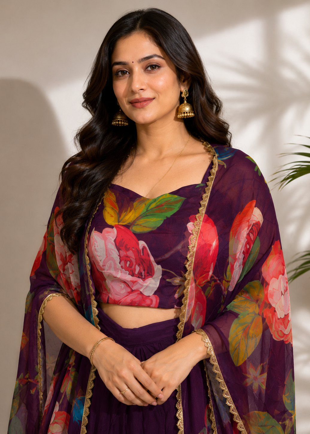 Purple Floral Chiffon Printed Kaftan Co-Ord Set with Crop Top & Dhoti Pattern Skirt
