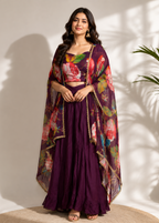 Purple Floral Chiffon Printed Kaftan Co-Ord Set with Crop Top & Dhoti Pattern Skirt