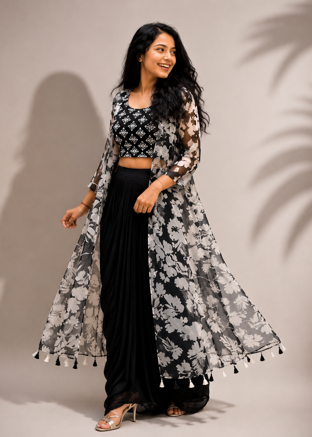 Black & White Floral Georgette Shrug Set with Printed Crop Top & Dhoti Pattern Skirt