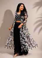 Black & White Floral Georgette Shrug Set with Printed Crop Top & Dhoti Pattern Skirt