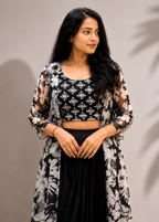 Black & White Floral Georgette Shrug Set with Printed Crop Top & Dhoti Pattern Skirt