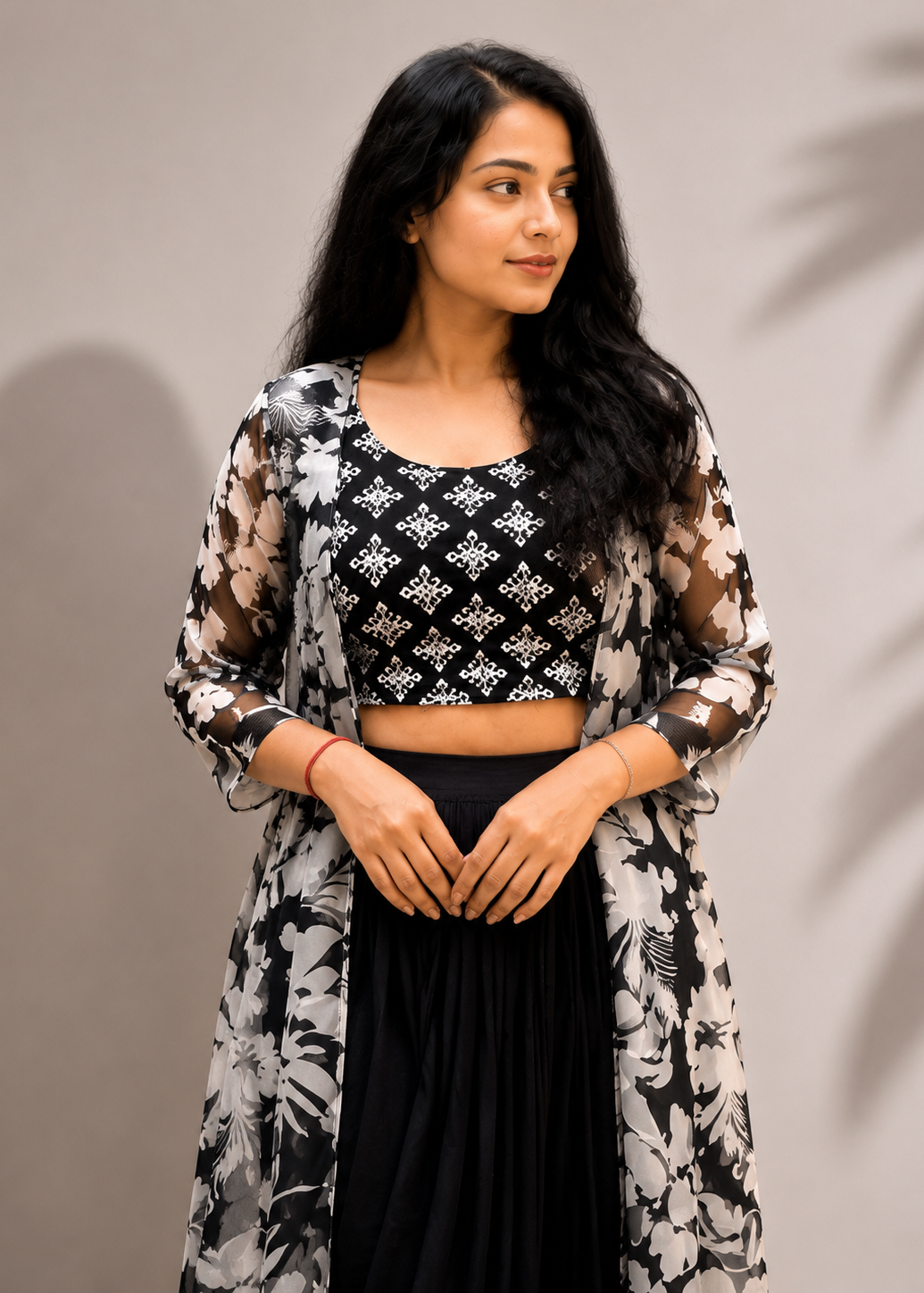 Black & White Floral Georgette Shrug Set with Printed Crop Top & Dhoti Pattern Skirt