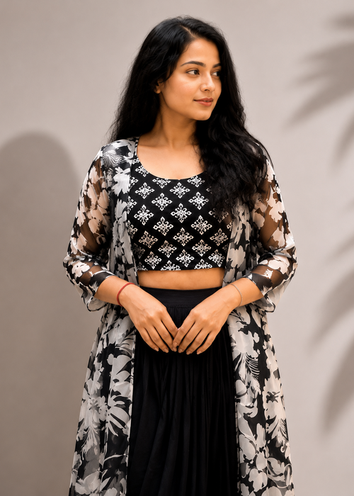 Black & White Floral Georgette Shrug Set with Printed Crop Top & Dhoti Pattern Skirt