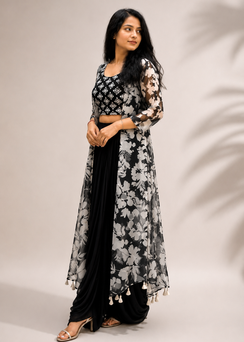 Black & White Floral Georgette Shrug Set with Printed Crop Top & Dhoti Pattern Skirt