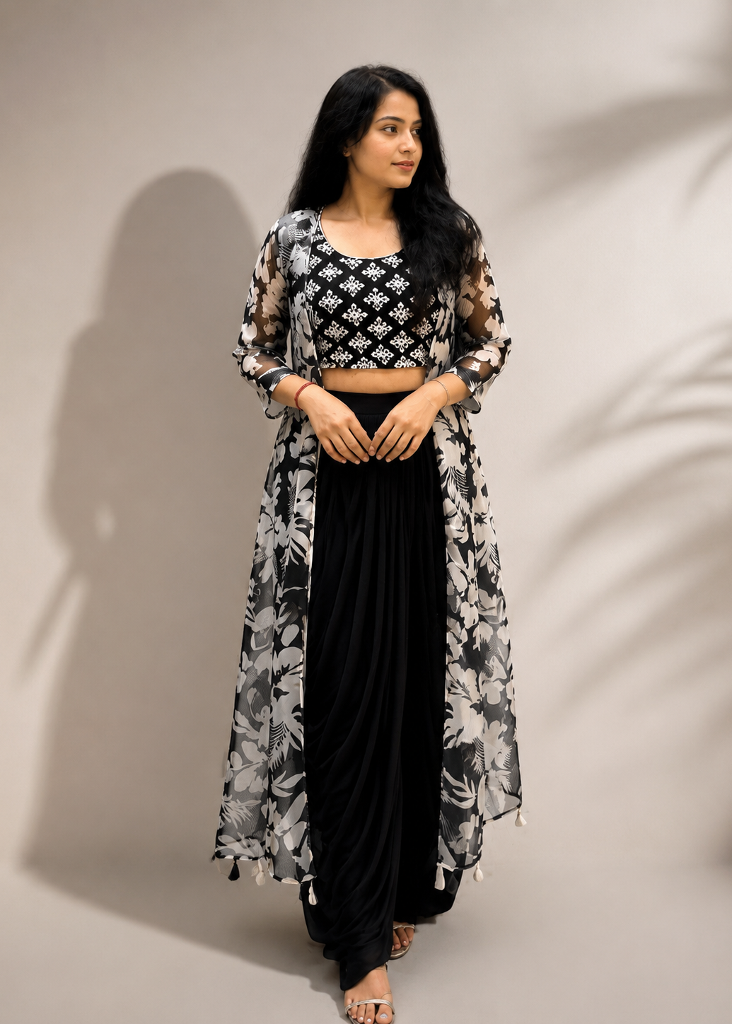 Black & White Floral Georgette Shrug Set with Printed Crop Top & Dhoti Pattern Skirt