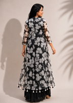 Black & White Floral Georgette Shrug Set with Printed Crop Top & Dhoti Pattern Skirt