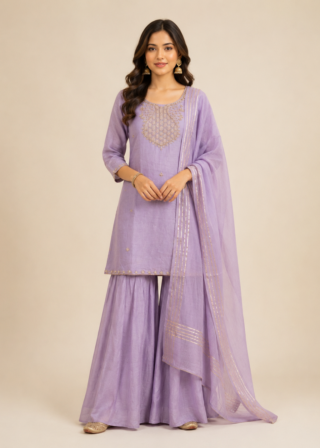 Lavender Embroidered Kurta Sharara Set with Dupatta for Women