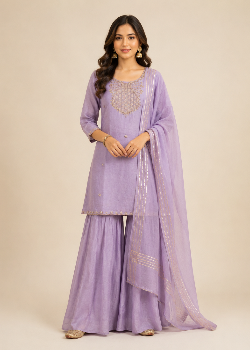 Lavender Embroidered Kurta Sharara Set with Dupatta for Women