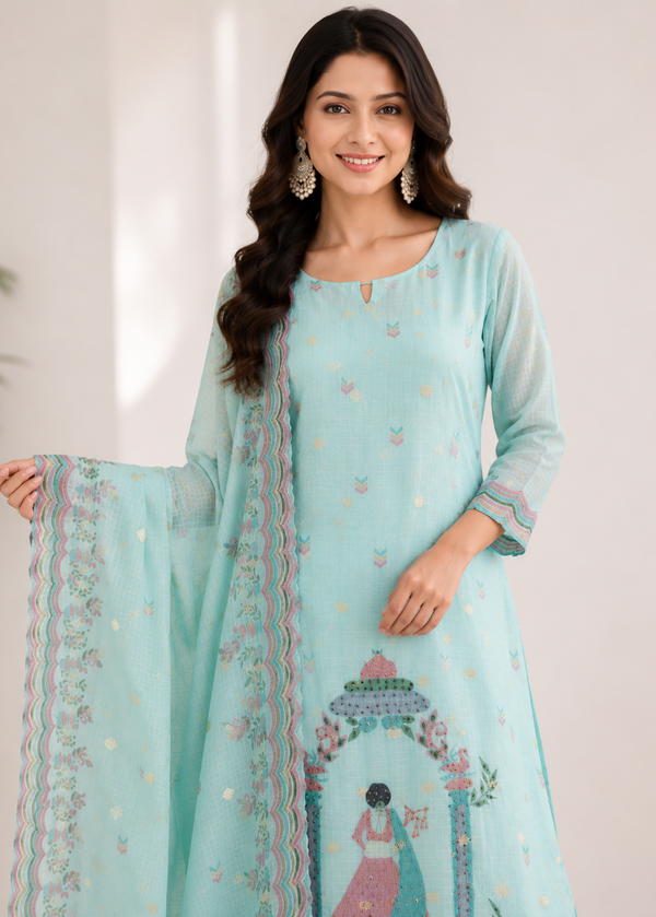 Sky Blue Printed Crepe Kurta Pant Set with Dupatta