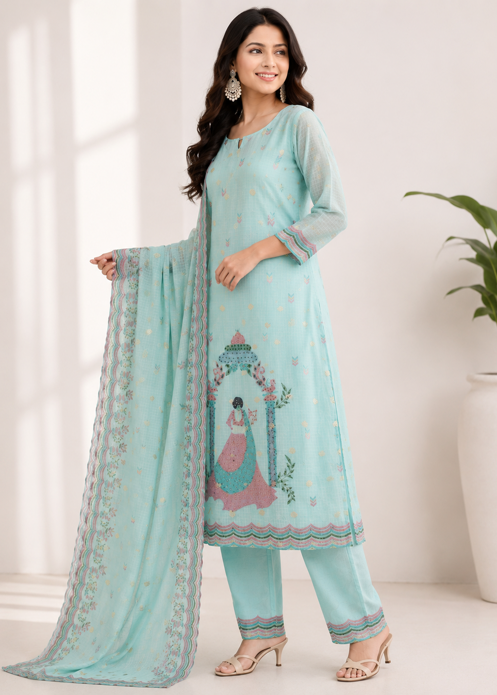 Sky Blue Printed Crepe Kurta Pant Set with Dupatta