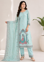 Sky Blue Printed Crepe Kurta Pant Set with Dupatta