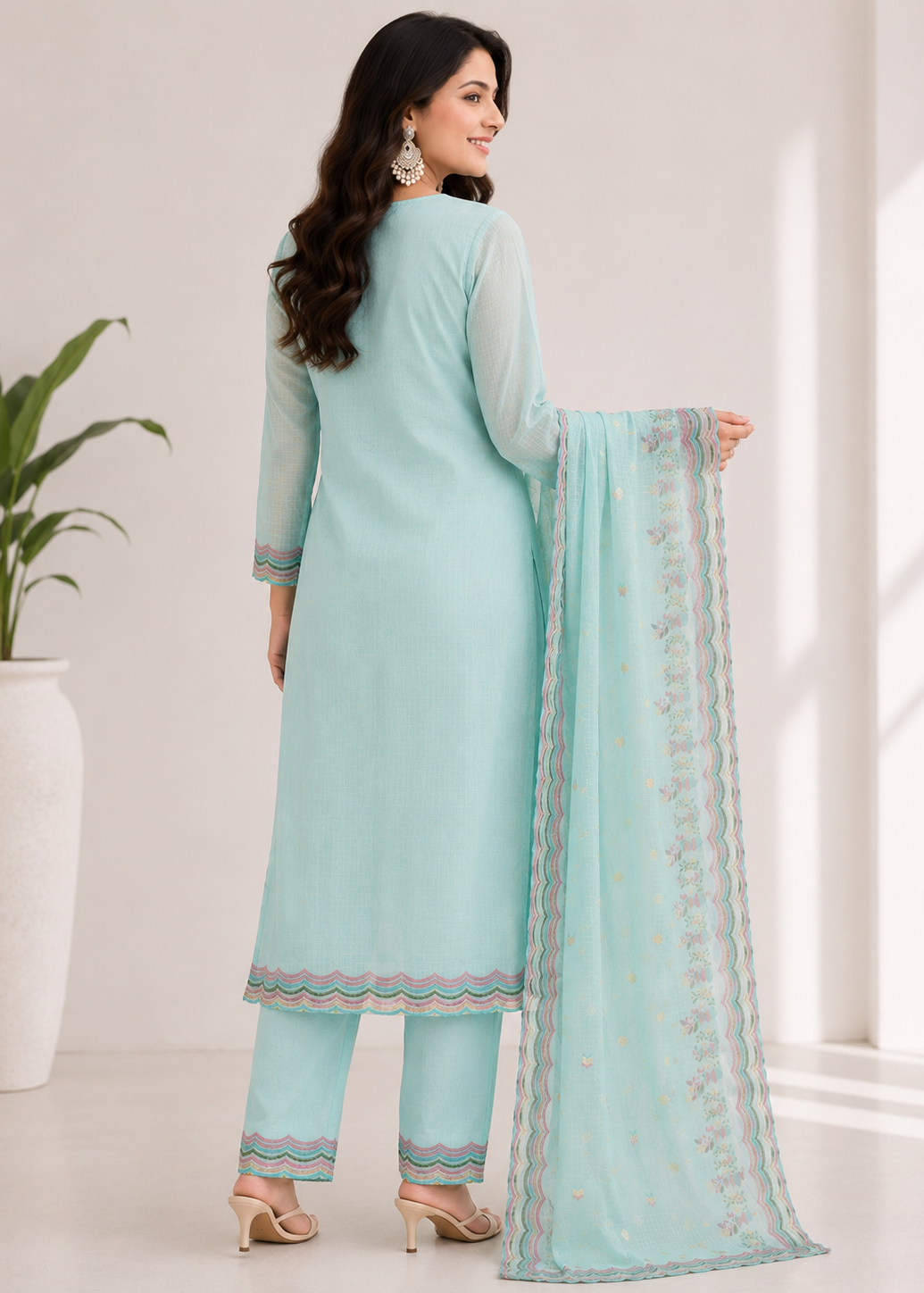Sky Blue Printed Crepe Kurta Pant Set with Dupatta