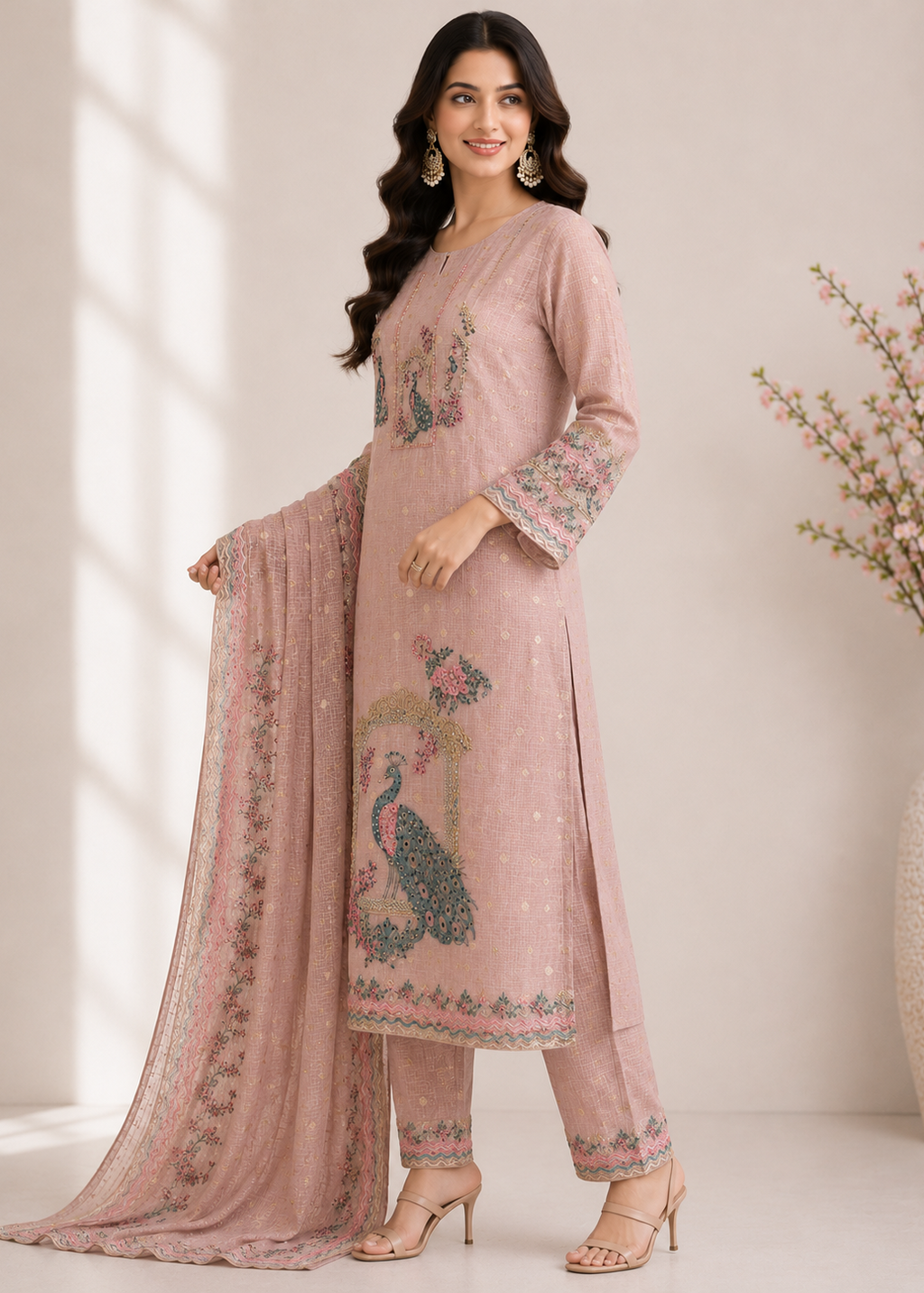 Blush Pink Premium Crepe Kurta Pant Set with Printed Dupatta
