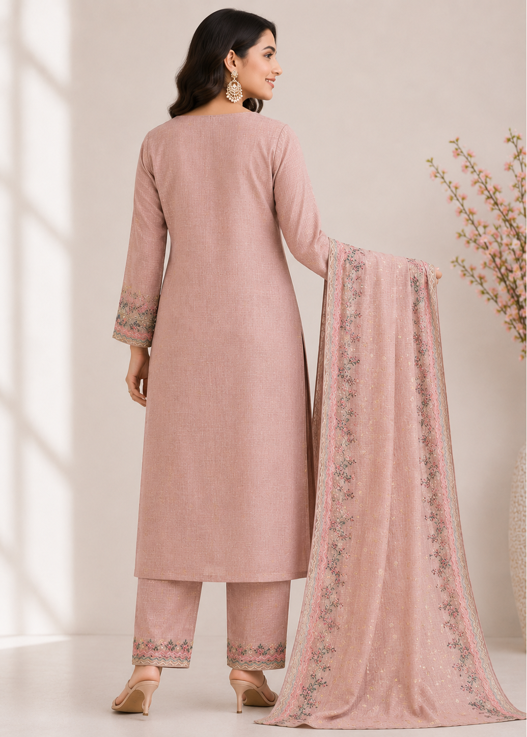 Blush Pink Premium Crepe Kurta Pant Set with Printed Dupatta