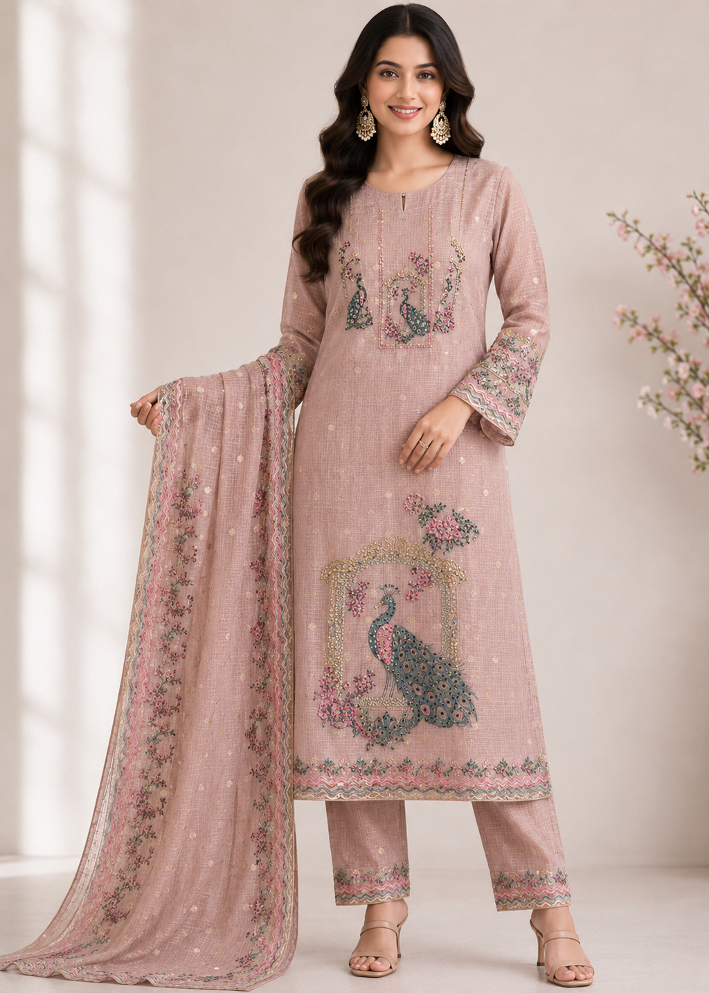 Blush Pink Premium Crepe Kurta Pant Set with Printed Dupatta