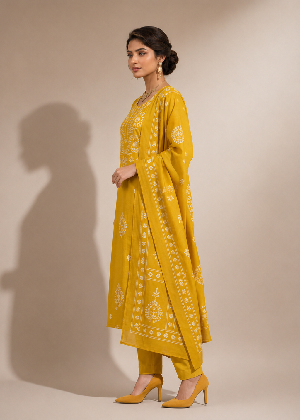 Mustard Yellow Pure Dabu Print Cotton 3 Piece Kurta Set with Dupatta