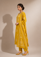Mustard Yellow Pure Dabu Print Cotton 3 Piece Kurta Set with Dupatta