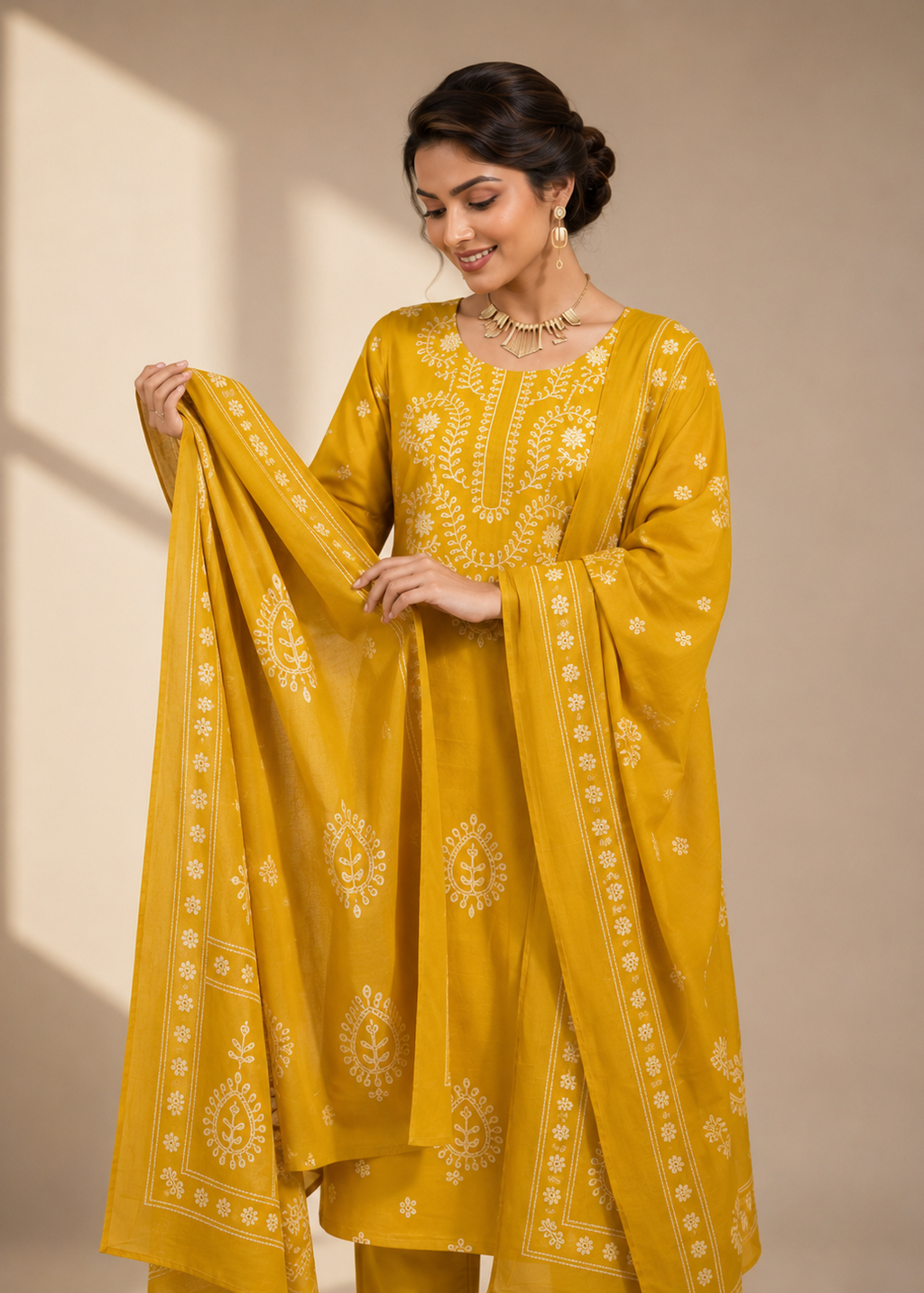 Mustard Yellow Pure Dabu Print Cotton 3 Piece Kurta Set with Dupatta