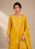 Mustard Yellow Pure Dabu Print Cotton 3 Piece Kurta Set with Dupatta