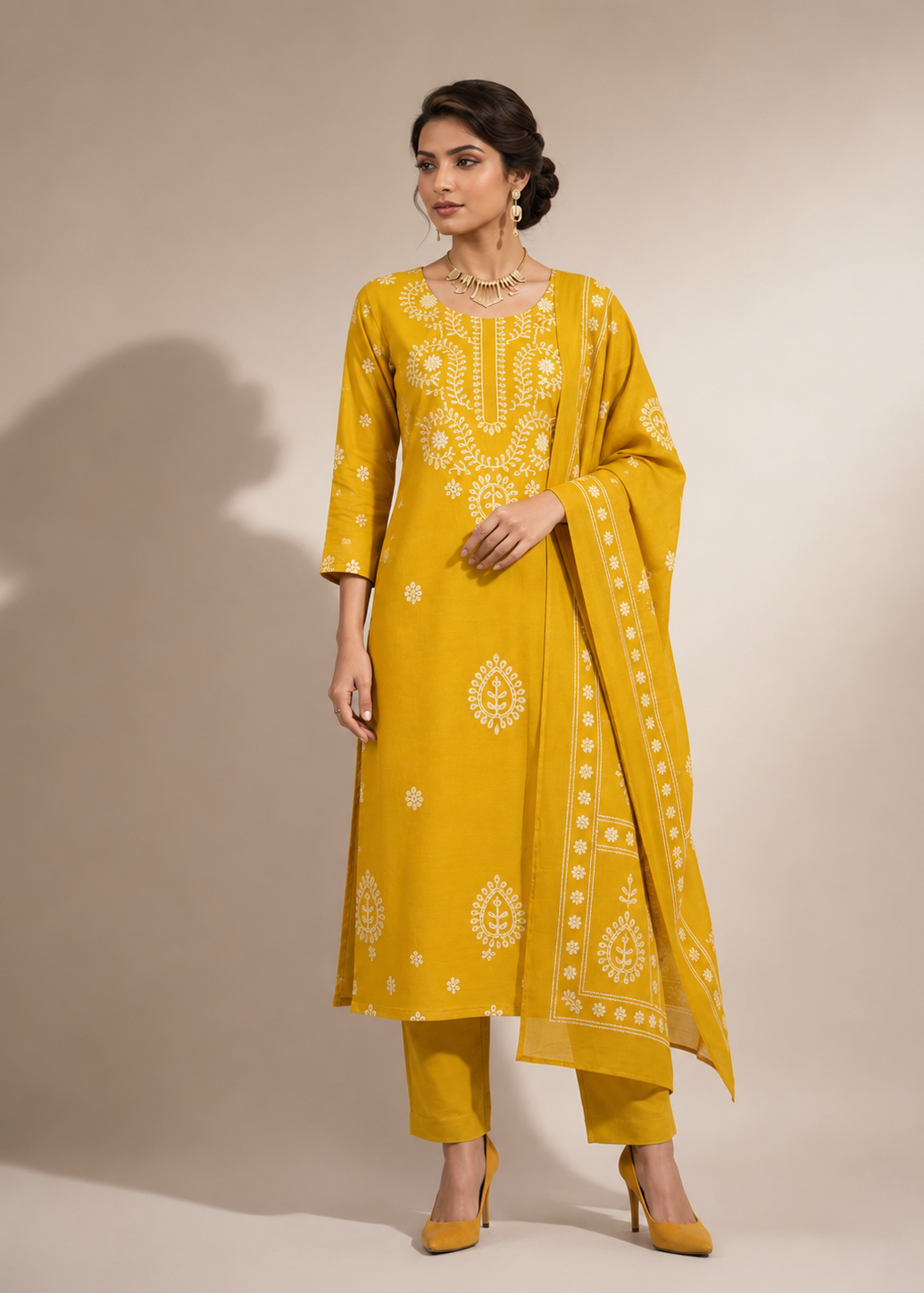 Mustard Yellow Pure Dabu Print Cotton 3 Piece Kurta Set with Dupatta