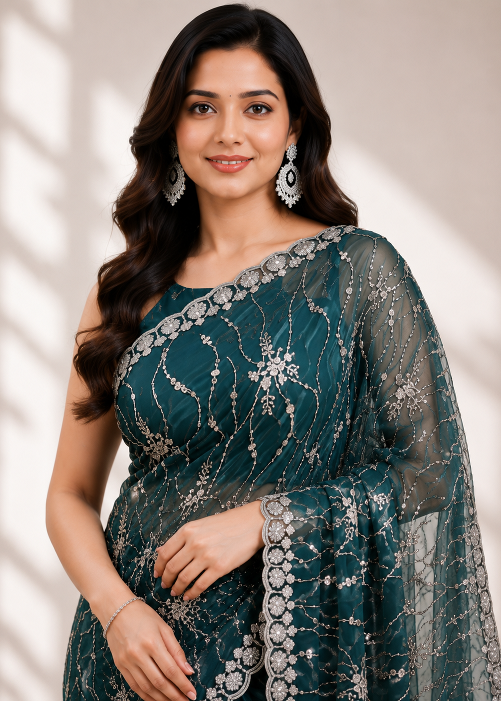 Dark Teal Soft Net Saree with Allover Katdana Jaal Handwork & Embroidered Border