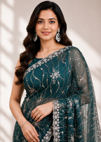 Dark Teal Soft Net Saree with Allover Katdana Jaal Handwork & Embroidered Border
