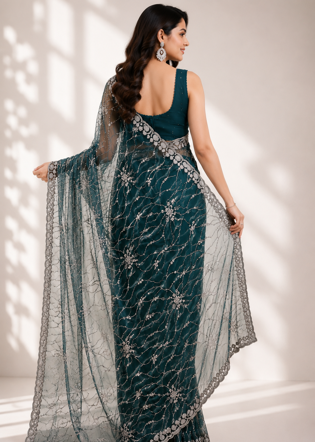 Dark Teal Soft Net Saree with Allover Katdana Jaal Handwork & Embroidered Border
