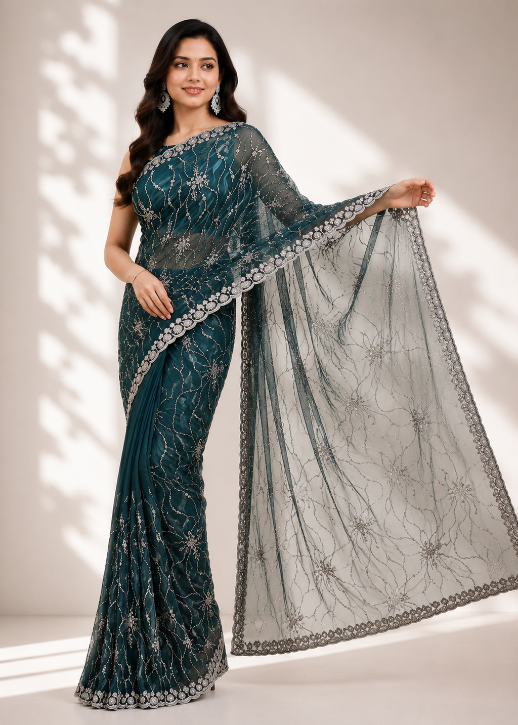 Dark Teal Soft Net Saree with Allover Katdana Jaal Handwork & Embroidered Border