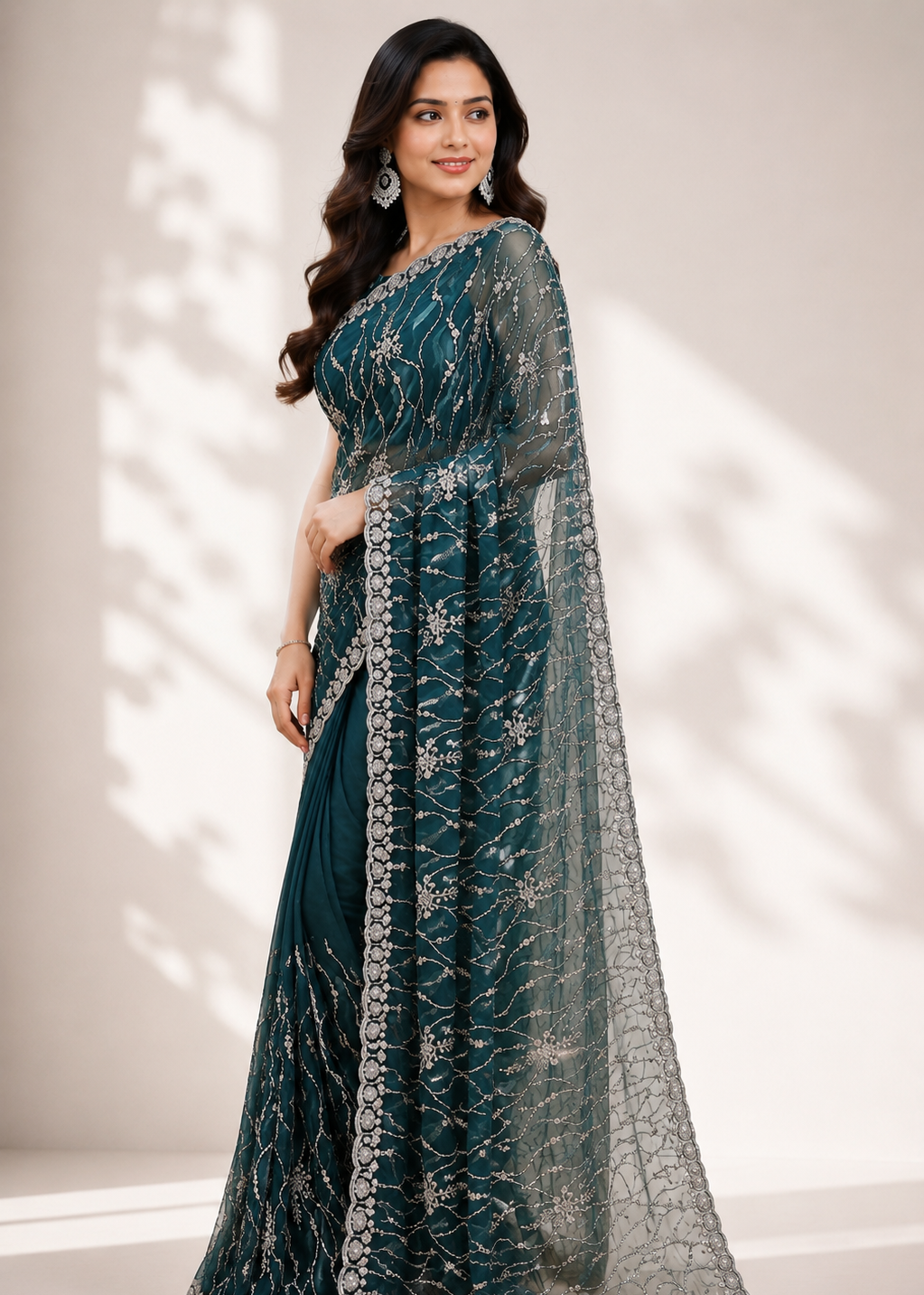 Dark Teal Soft Net Saree with Allover Katdana Jaal Handwork & Embroidered Border