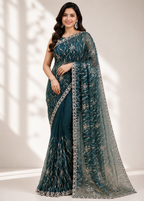 Dark Teal Soft Net Saree with Allover Katdana Jaal Handwork & Embroidered Border