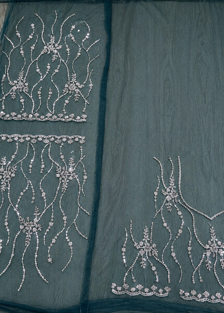 Dark Teal Soft Net Saree with Allover Katdana Jaal Handwork & Embroidered Border