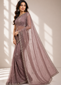 Dusty Mauve Soft Net Handwork Saree with Katdana Jaal & Designer Blouse