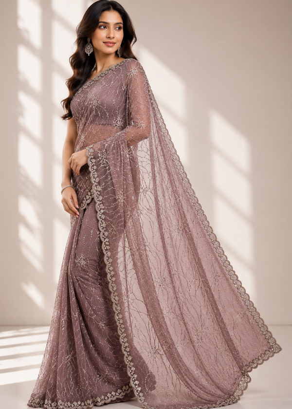Dusty Mauve Soft Net Handwork Saree with Katdana Jaal & Designer Blouse