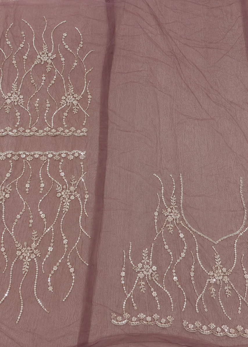 Dusty Mauve Soft Net Handwork Saree with Katdana Jaal & Designer Blouse