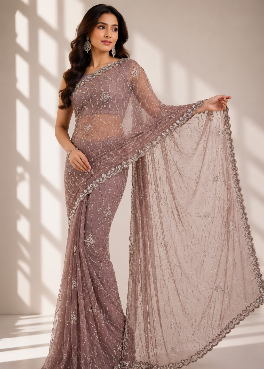 Dusty Mauve Soft Net Handwork Saree with Katdana Jaal & Designer Blouse