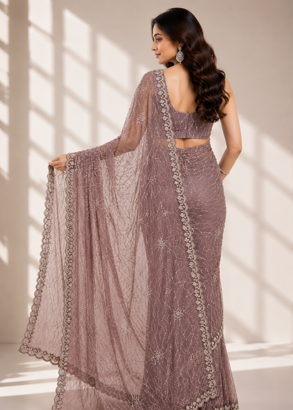 Dusty Mauve Soft Net Handwork Saree with Katdana Jaal & Designer Blouse