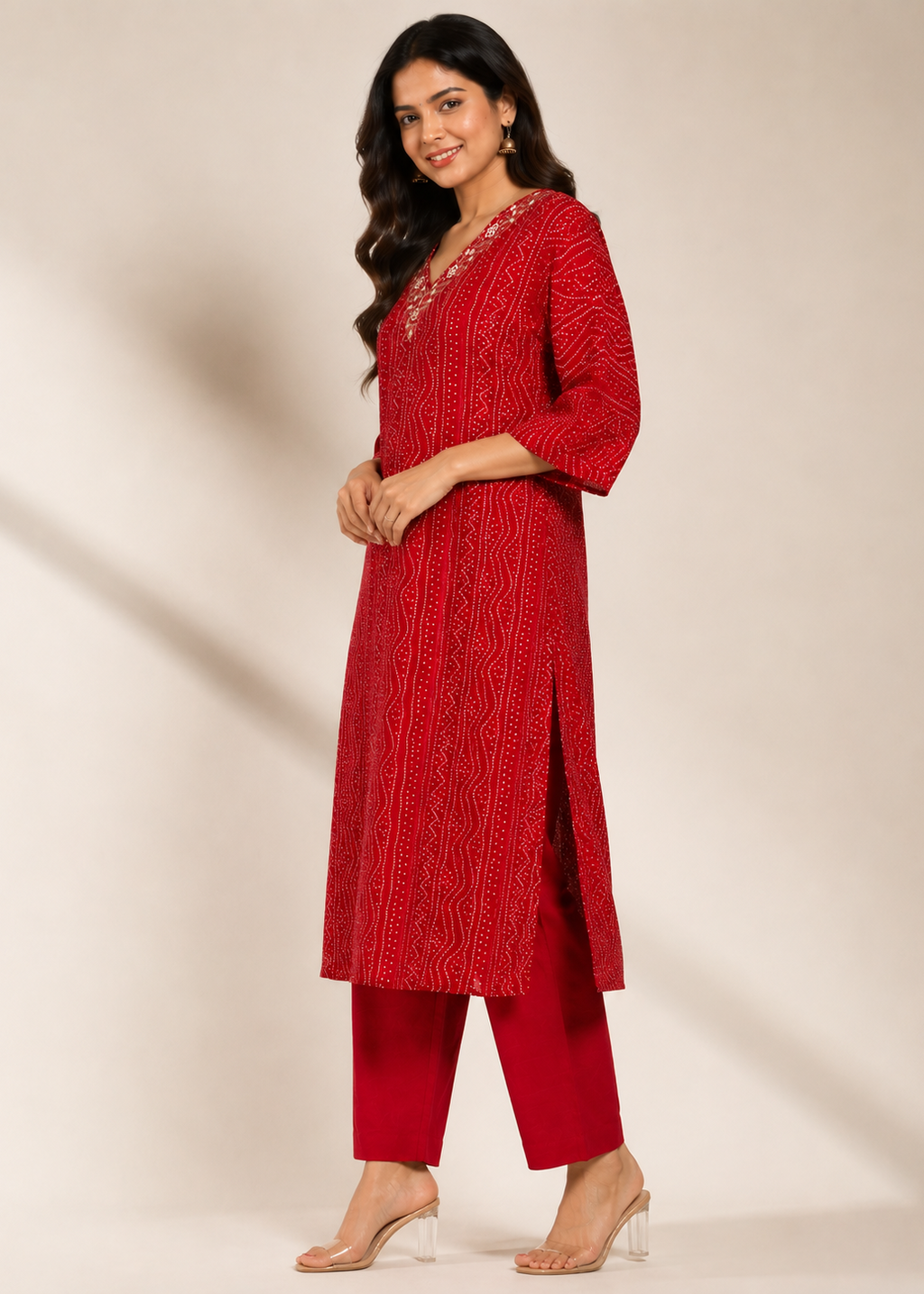 Red Bandhani Print Kurta Pant Set for Women