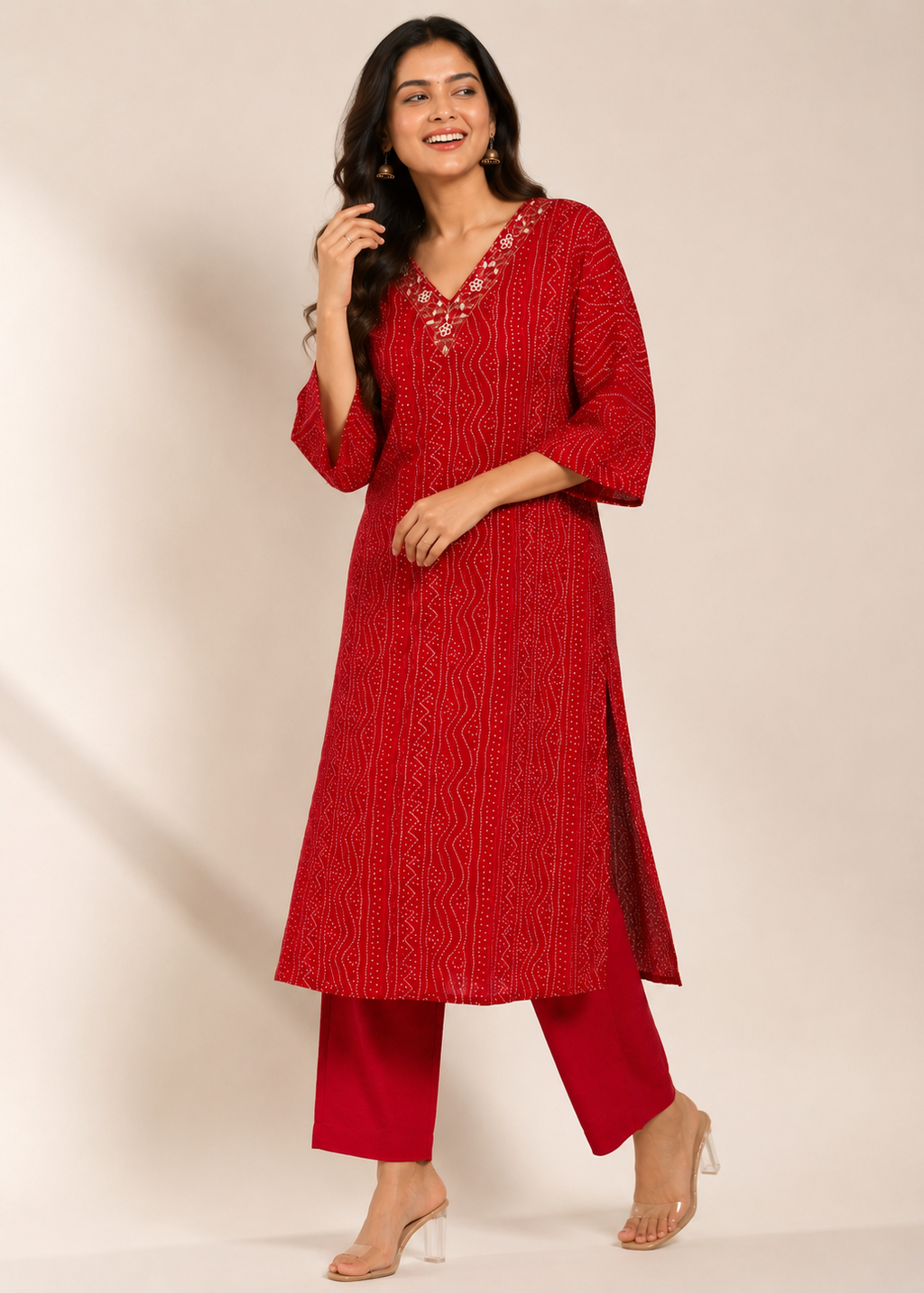 Red Bandhani Print Kurta Pant Set for Women