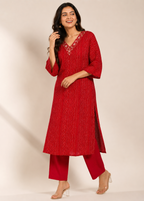 Red Bandhani Print Kurta Pant Set for Women