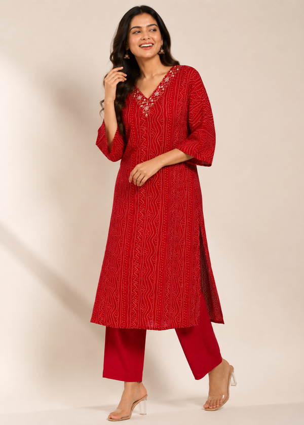 Red Bandhani Print Kurta Pant Set for Women